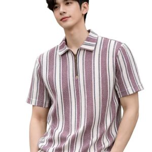 London Hills Men’s Loose Fit Vertical Striped Polo T-Shirt with Zip Collar | Premium Polyester Fabric | Half Sleeve Casual Summer Wear | Lightweight Breathable Streetwear Fashion Tshirt