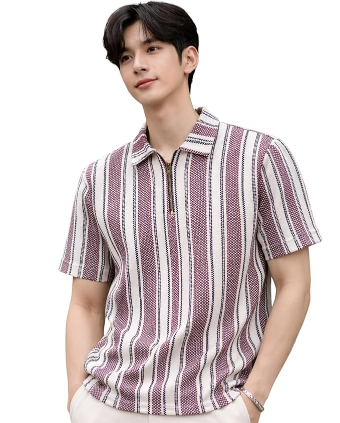 London Hills Men’s Loose Fit Vertical Striped Polo T-Shirt with Zip Collar | Premium Polyester Fabric | Half Sleeve Casual Summer Wear | Lightweight Breathable Streetwear Fashion Tshirt